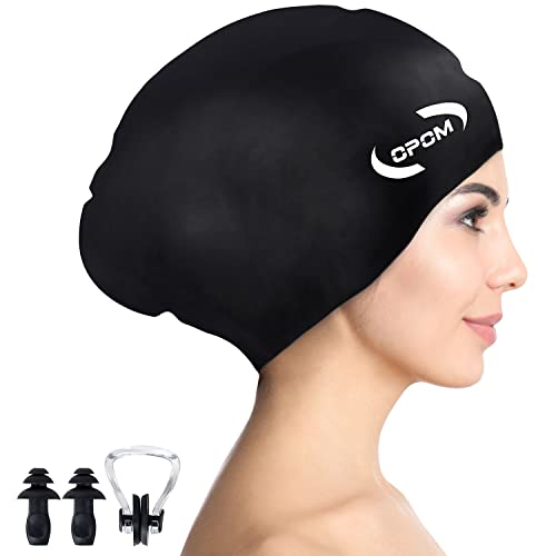 Women Silicone Swimming Cap, High Elasticity Thick Swim Hats for Long Hair,  Bathing Swimming Caps for Women and Men Keep Your Hair Dry, with Ear Plugs  and Nose Clip, Easy to Put On and Off