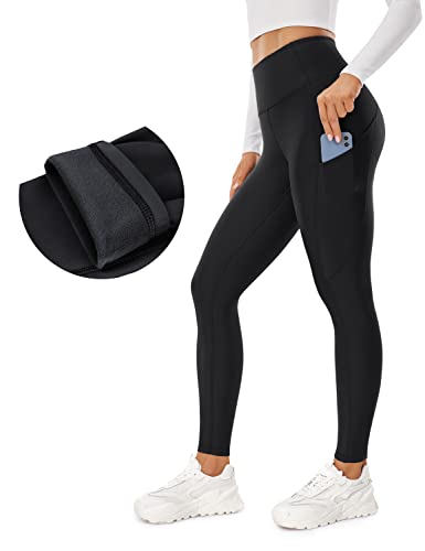 CRZ YOGA Thermal Fleece Lined Leggings Women High Waisted Winter Yoga Pants  with Pockets-25/28 Inches Black Medium