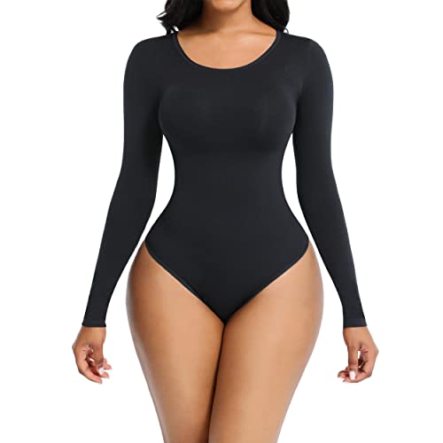 Soo slick Bodysuit for Women Fall clothes for women 2023 - Body Shaper Long  Sleeve Crew Neck Thong Body Shaping Tops, Black, XL/2XL