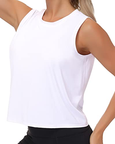 THE GYM PEOPLE Women's Workout Tops in Ice Silk Quick Dry Sleeveless,  White, Small