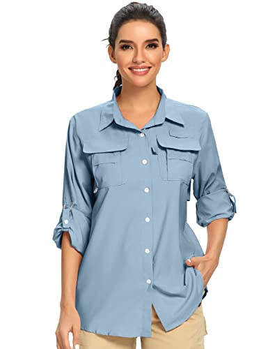 Jessie Kidden Women's UPF 50+ UV Sun Protection Safari Shirt, Long Sleeve  Outdoor Cool Quick Dry Fishing Hiking Gardening Shirts, 5055 Light Blue,  Medium