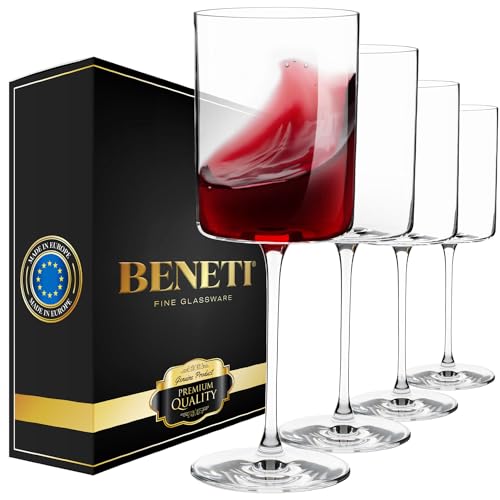 BENETI Large Square Wine Glass Set of 4-14 oz European-Made