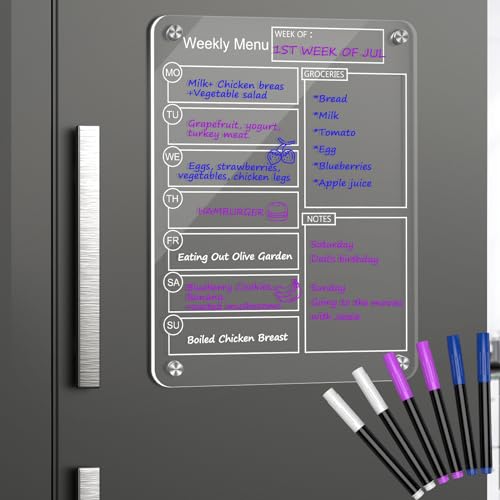 AITEE Acrylic Magnetic Dry Erase Board and Calendar for Fridge, Clear Set  of 2 Dry Erase Board Calendar for Refrigerator Reusable Planner, Includes 6