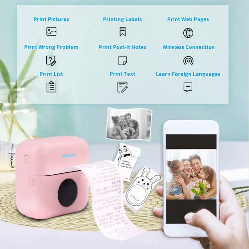 Eschen Pocket Mini Printer, Portable Printer with 6 Rolls Printing Paper  for iOS Android Smartphone, Label Receipt Sticker Photo List Notes Inkless