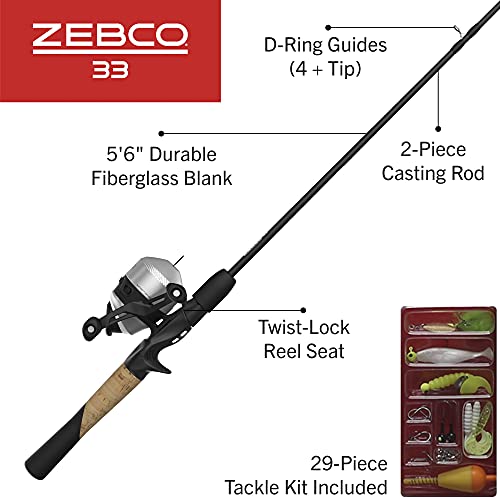 Zebco 33 Spincast Reel and Fishing Rod Combo, 5-Foot 6-Inch 2-Piece  Fiberglass Rod, Quickset Anti-Reverse Fishing Reel with Bite Alert,  Includes 29-Piece Tackle Kit, Silver/Black