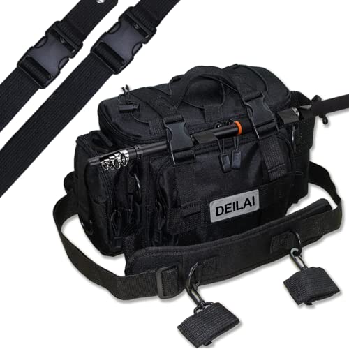  DEILAI Fishing Tackle Bag Saltwater Fishing Gear Bag Large  Waterproof Bag Storage Bag Tackle Box Organizer with Detachable Shoulder  Strap for Fishing Hiking Camping for Men and Women,Black and Grey 