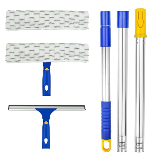 Multi-Use Window Squeegee with 56 Long Handle,2 in 1 Window Cleaning Tools  with Dual Side Blade Rubber & Scrubber Sponge, Shower Squeegee for Glass