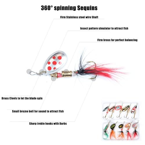 EXAURAFELIS Fishing Lure Spinnerbait with Feathered Treble Hooks Rooster  Tail Fishing Lures Spoon Lures for Bass Salmon Trout Spinner Baits with  Tackle Box (10PCS Spinnerbait with Feathered Treble)