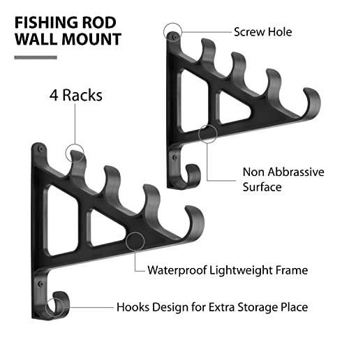 Wall Mounted Fishing Rod Rack with Hook,Holds 4 Rods , Space Saving for  Fishing Rods，Hiking Poles, Ski Poles, Hockey Sticks and Cue