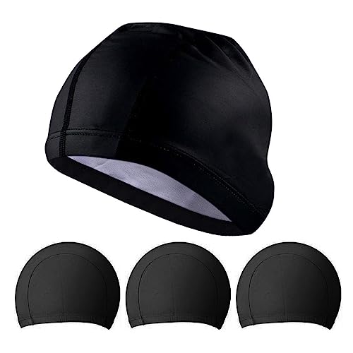 TRADERPLUS 4 Pack Nylon Spandex Fabric Swimming Cap Lycra Cloth Swim Caps  Elasticity Bathing Hat Shower for Men Women (Black x4)
