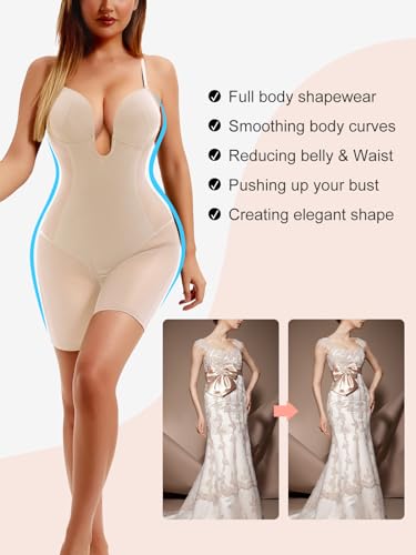 DECORUS Women's Low Back Full Deep Plunge Strapless Bodysuit Mid Thigh  Backless Shapewear Tummy Control Shaping Body Shaper, Beige, Large