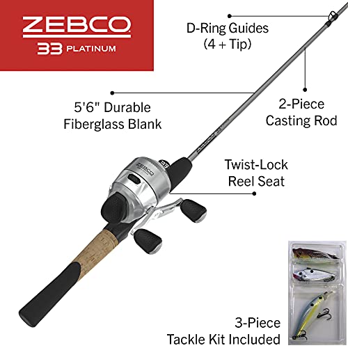 Zebco 33 Platinum Spincast Reel and Fishing Rod Combo, 5-Foot 6-Inch  2-Piece Fiberglass Rod, Comfortable Dual EVA/Cork Rod Handle, Instant  Anti-Reverse Clutch, Includes 3-Piece Tackle Kit, Silver