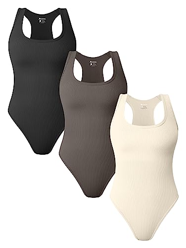 OQQ Women's 3 Piece Bodysuits Sexy Ribbed Sleeveless Racerback Tank Tops  Bodysuits, Black,tea Leaf,beige, Medium