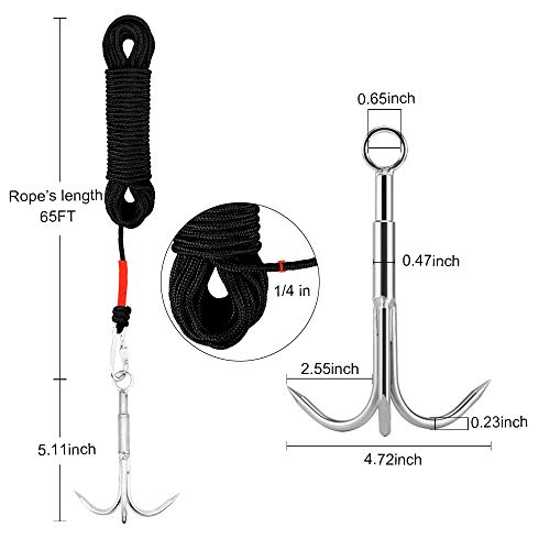 GYANDULY Large Grappling Hook with 65ft Rope, 4-Claw Folding Stainless  Steel Grapple Hooks for Outdoor