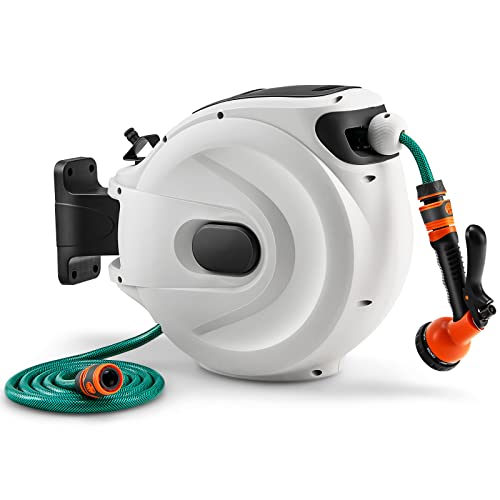 Goplus Retractable Garden Hose Reel, 1/2” x 72 FT Wall Mounted Hose Reel  with Auto Rewind, Any Length Lock, 180°Swivel Bracket, 8 Patterns Hose  Nozzle, Slow Return, for Garden Watering & Car Washing