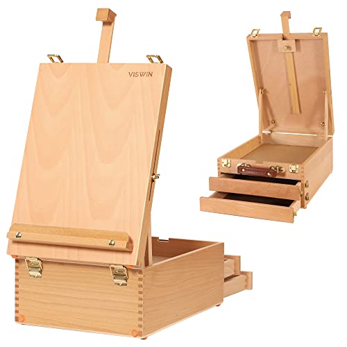 US Art Supply Newport Extra Large Adjustable Wood Table Sketchbox Easel,  Paint Palette, Premium Beechwood - Portable Wooden Artist Desktop Case 