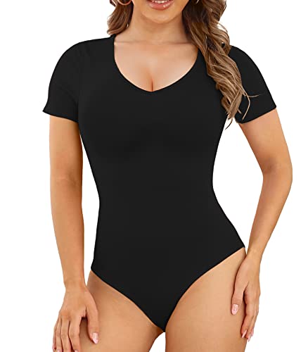 LAOLASI Body Suit Square Neck Long Sleeve BodySuit Sexy Black Slim