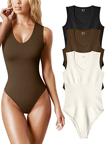 OQQ Women's 3 Piece Bodysuits Sexy Ribbed V Neck Sleeveless Tank Tops  Bodysuits, Black,coffee,beige, Medium