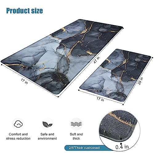  Sofort Anti Fatigue Kitchen Mats for Floor 2 Piece Set,  Cushioned Memory Foam Kitchen Rug, Non Slip Waterproof Black and Gold  Marble Kitchen Mat, Comfort Standing Mats for Kitchen, Laundry, Office