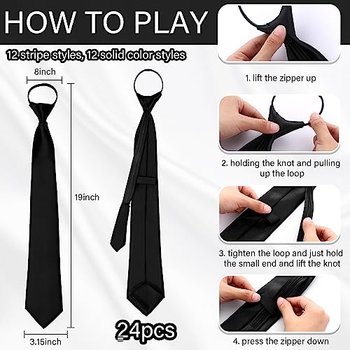 24 Pcs Zipper Ties for Men Adjustable Pre Tied Men's Necktie
