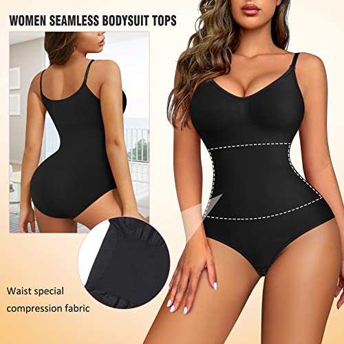 Irisnaya Women Slimming Bodysuits Shapewear Tops Tummy Control Body Shaper  Spaghetti Strap Camisole Leotards Bodycon Jumpsuit, Black, X-Small-Small