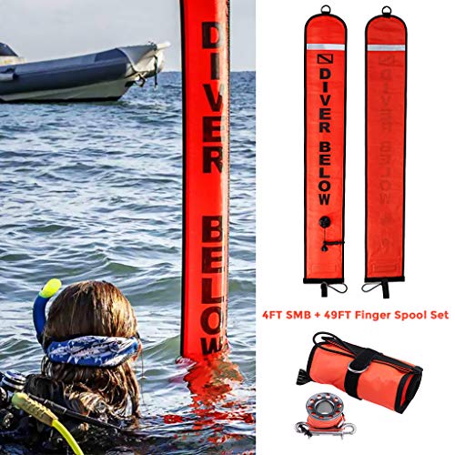 Seafard 4ft Red Scuba Diving Open Bottom Surface Marker Buoy (SMB) with  49ft Finger Spool Alloy Dive Reel and Double Ended Bolt Clip - Gray