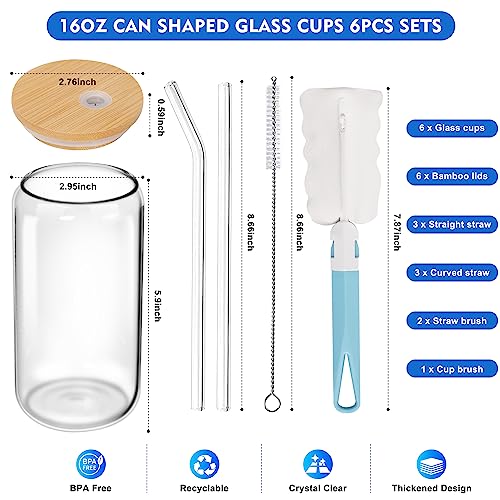 8pcs Set ] Drinking Glasses with Bamboo Lids and Glass Straw - 16oz Can  Shaped Glass Cups, Beer Glasses, Iced Coffee Glasses, Cute