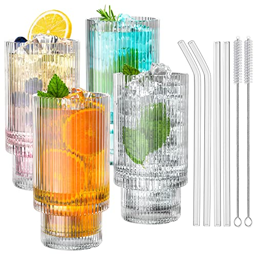 Ribbed Glass Cups With Straws 12oz, Drinking Glasses 4, Ribbed Glassware,  Cocktail Glasses, Vintage