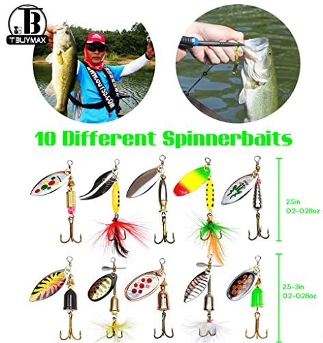 EXAURAFELIS 10/30Pcs Fishing Lure Spinnerbait with Feathered Treble Hooks Rooster Tail Fishing Lures Spoon Lures for Bass Salmon Trout Spinner Baits