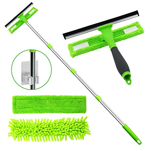 Multi-Use Window Squeegee with 56 Long Handle,2 in 1 Window Cleaning Tools  with