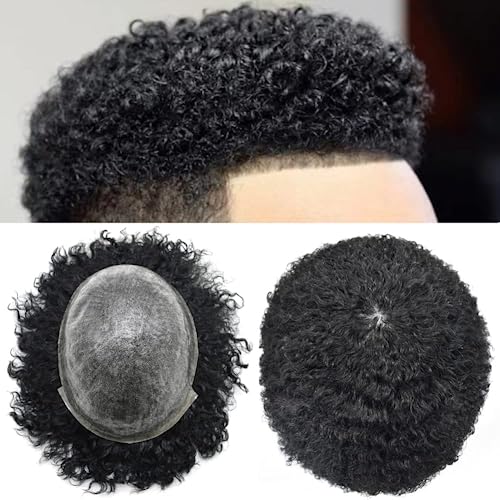  Afro Toupee Black Men Brazilian Kinky Curly Men's Hairpiece  Full Poly Thin Skin PU Injection Afro Wave Human Hair Replacement Unit for African  American Men (8x10''-120% medium light to medium