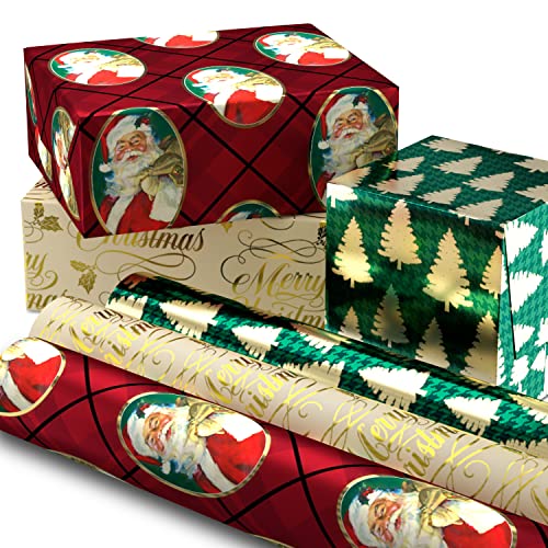 Hallmark Foil Christmas Wrapping Paper with Cut Lines on Reverse (3 Rolls:  60 sq. ft. ttl) Cute Santa, Colorful Candy Canes, Blue, Green, Red Stripes