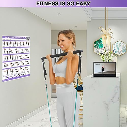 Portable Pilates Bar Exercise Kit-Stackable 3 Pairs of Resistance Bands  (15, 20, 30LB) - Home Gym Equipment for Men and Women, Workout Kit for Body