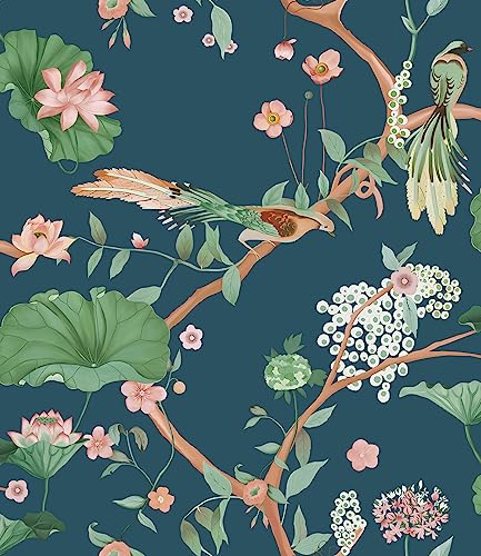 Gleom Floral Peel and Stick Wallpaper Flower Wallpaper Blue Floral Contact  Paper 16.14x78.7Vintage Lotus/Bird Contact Paper Removable Self Adhesive  Wallpaper DIY Waterproof Wallpaper Vinyl Roll