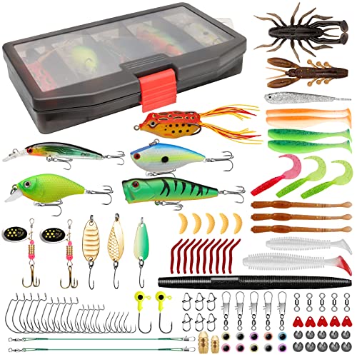 TRUSCEND Fishing Lures Accessories Kit with Tackle Box - Fishing Hooks  Minnow Crankbait Popper Frog Lure Worm Grub Fishing Spoon Spinner Bait