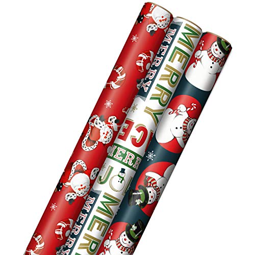 Hallmark Blue Foil Christmas Wrapping Paper with Cut Lines on Reverse (3  Rolls: 60 sq. ft. ttl) Snowmen, Snowflakes, Christmas Trees