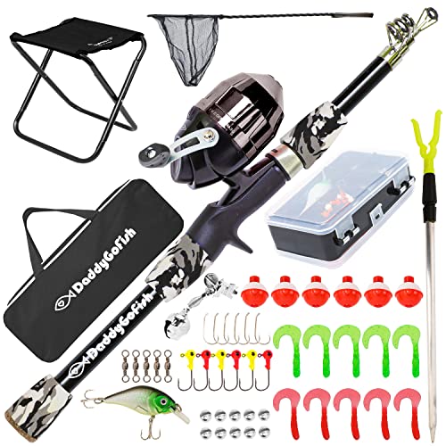 LEOFISHING Kids Fishing Pole Set With Full Starter Kits Portable Telescopic Fishing Rod And Spincast Reel With A Fishing Net And Bucket For Boys Girls