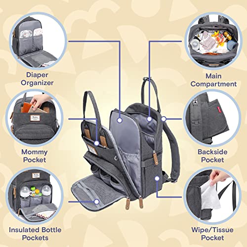 Diaper Bag Backpack RUVALINO Neutral All in One Baby Bags for Boy Girl Multifunction Large Travel Backpack with Portable Changing Pad Stroller Straps Pacifier Case and Insulated Pockets Dark Gray