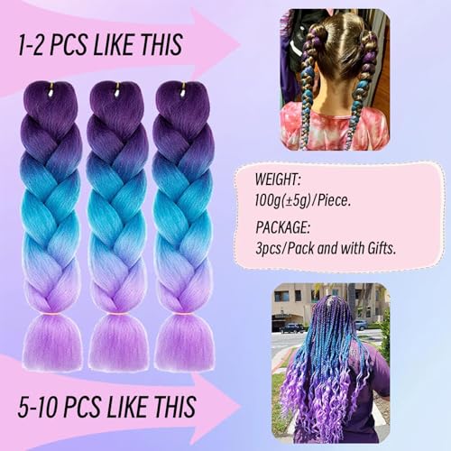 UKKQES Jumbo Braiding Hair Extensions,24inch/60cm 3 Packs High Temperature  Fiber Crochet Twist Braids Crochet Braiding Hair Purple-Lake Blue-Light  Purple（C5）