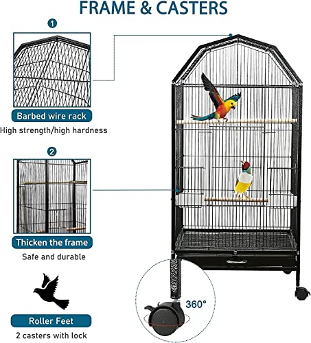 CULOTOL Bird Cage Open Top Standing Parrot Parakeet Cage with Rolling Stand  Large Metal Bird Flight Cage for Conure Parekette Cockatiel Finch Macaw  Cockatoo Pet House,Black,Height 34 inch