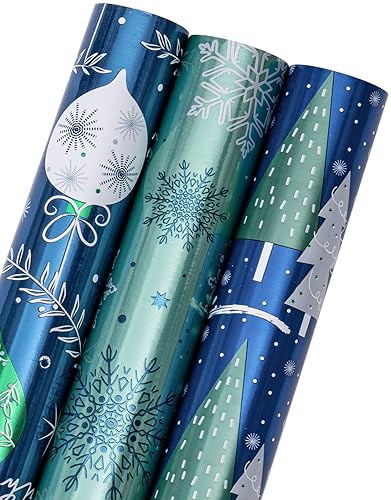 Hallmark Christmas Wrapping Paper with Cutlines on Reverse (3 Rolls: 120 Sq. ft. Total) Winter City Scene, Rustic Snowflakes on Red, Nutcrackers