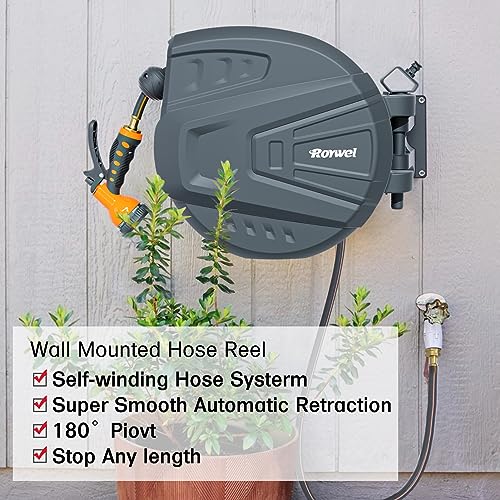 Roywel Retractable Garden Hose Reel,Outdoor Hose Reel,Wall Mounted,Automatic  Rewind,180°Piovt, Any Length Lock, With 9- Function Sprayer Nozzle (5/8  100FT)