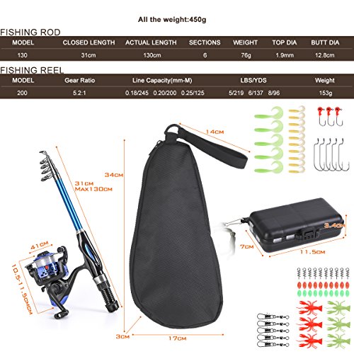Leo Light Weight Kids Fishing Pole Telescopic Fishing Rod and Reel Combos  with Full Kits Lure Case and Carry Bag for Youth Fishing and Beginner,  13ocm Rod and Reel Combos with Full Kits and Carry Bag