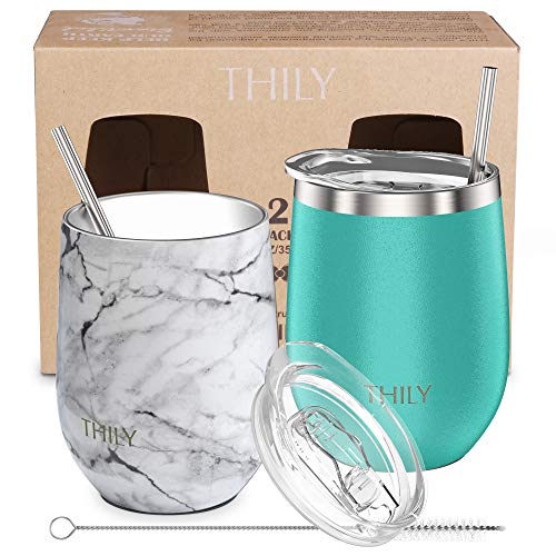 Stemless Insulated Wine Tumbler Set with Lid, 12oz 2 Pack Stainless Steel  Double Walled Metal Wine & Champagne Tumbler with Straw and Brush for