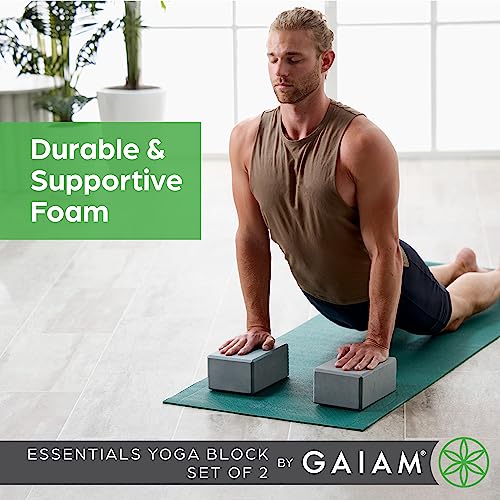 Gaiam Essentials Yoga Block 2 Pack & Yoga Strap Set, Grey