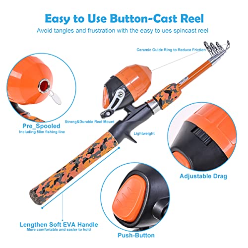 LEOFISHING Kids Fishing Pole Set with Full Starter Kits Portable Telescopic  Fishing Rod and Spincast Reel with a Fishing Net and Bucket for Boys Girls  and Youth (Orange)