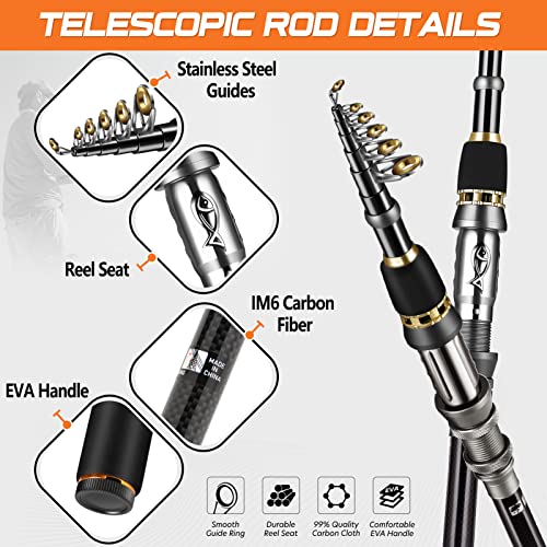 PLUSINNO Fishing Rod and Reel Combos -24 Ton Carbon Fiber Telescopic  Fishing Pole - Spinning Reel 12