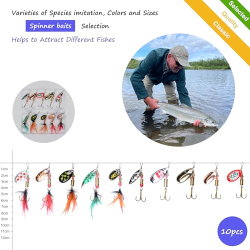 EXAURAFELIS Fishing Lure Spinnerbait with Feathered Treble Hooks Rooster  Tail Fishing Lures Spoon Lures for Bass Salmon Trout Spinner Baits with  Tackle Box (10PCS Spinnerbait with Feathered Treble)
