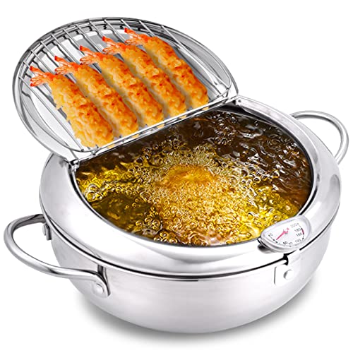  Prodent Deep Fryer Pot,3.4L Stainless Steel Deep Frying Pot,with  Thermometer,Tempura Fryer Pot with Oil Drip Rack Lid,Japanese Deep Fryer  for Home Fry Chicken Chips Fish Shrimp(9.4Inch,Silver): Home & Kitchen