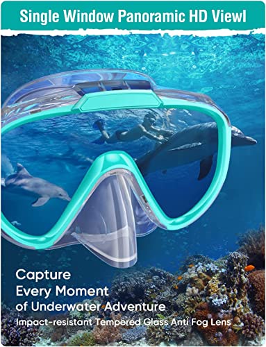 EMSINA Mask Fin Snorkel Set with Adult Snorkeling Gear, Panoramic View  Diving Mask, Trek Fin, Dry Top Snorkel +Travel Bags, Snorkel for Lap  Swimming(GreenT3-SM)